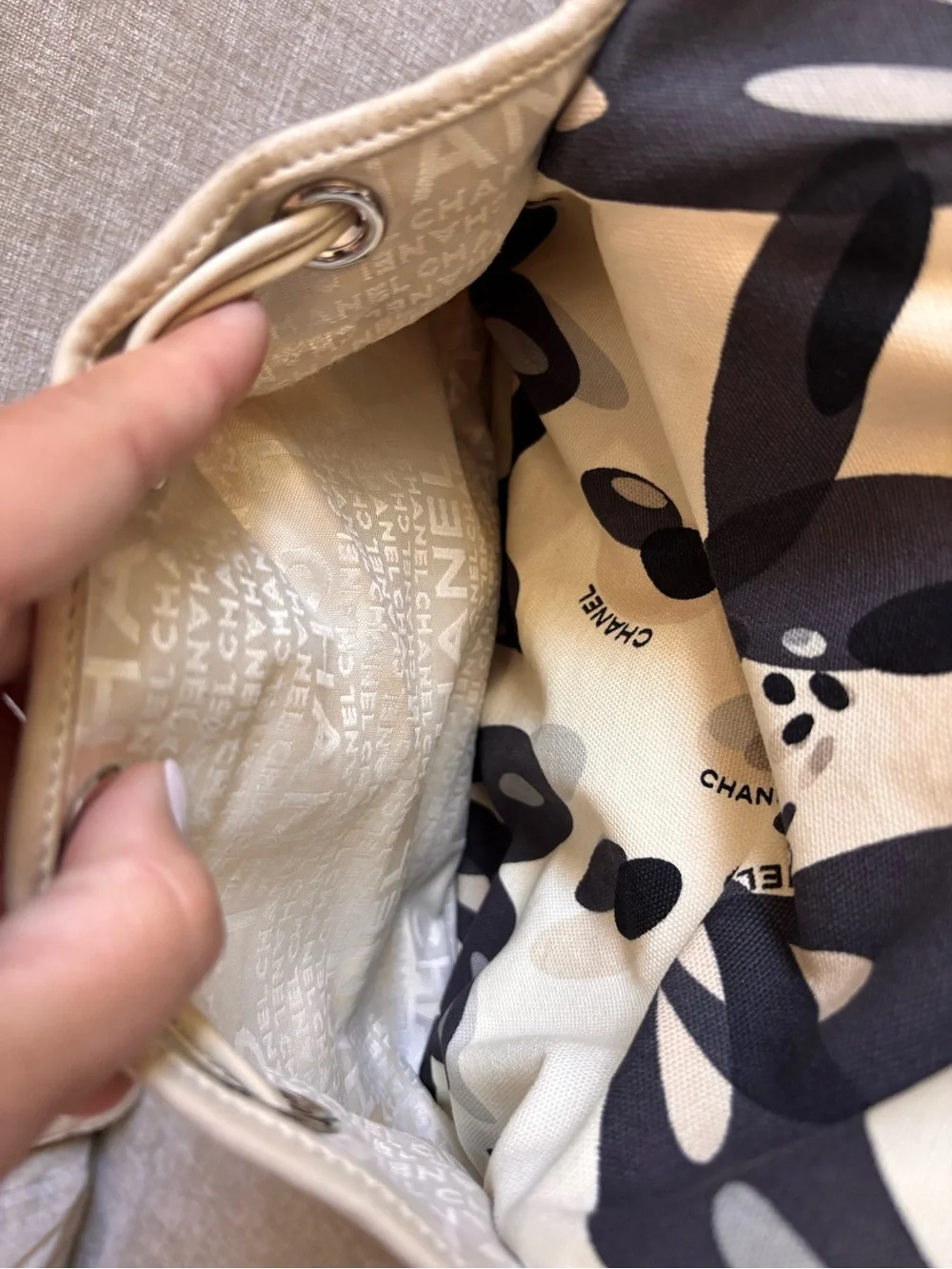 Authentic CHANEL vintage mini beige black Surfline canvas tote